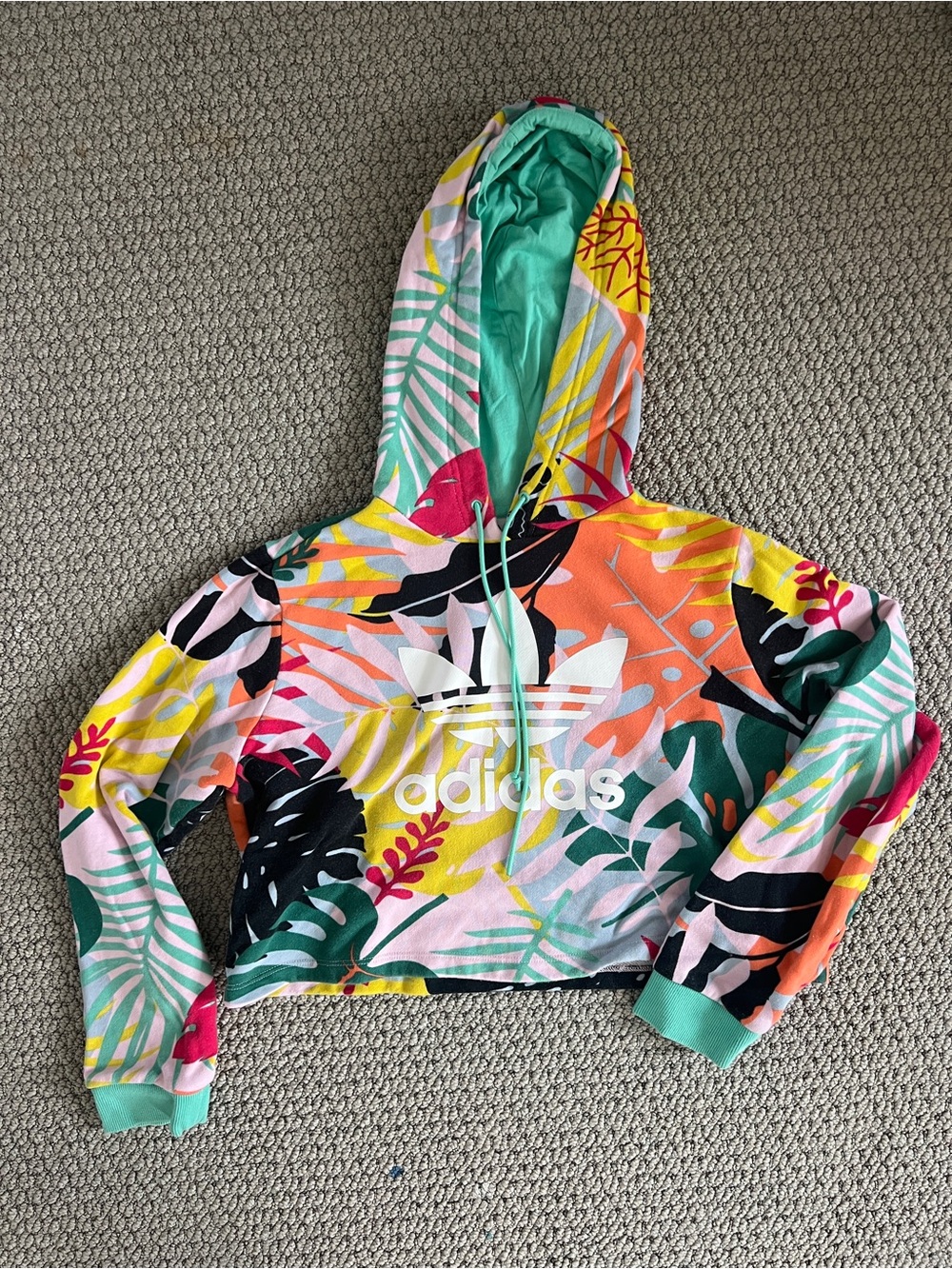 Tropical Print Cropped Hoodie - Green, Pink, Yellow, Black - adidas small